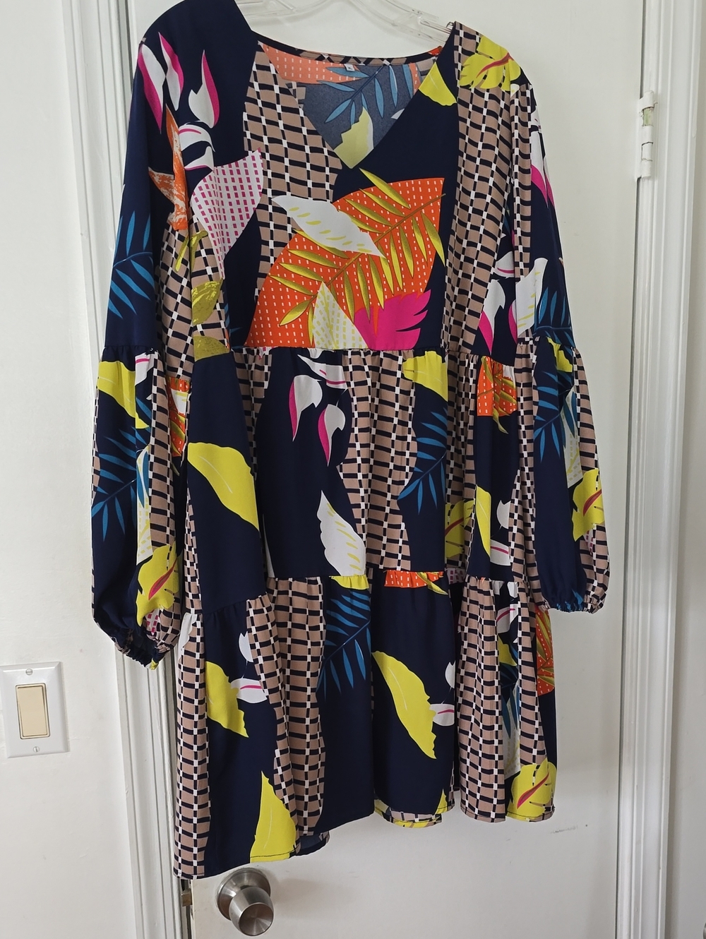 Women's Floral Tiered Swing Dress - Navy with Multicolor Print